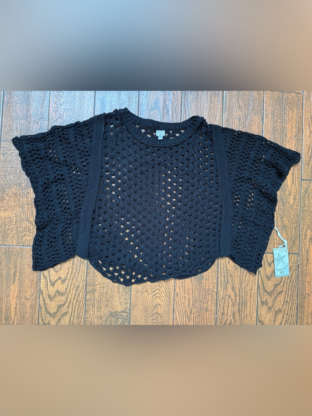 Converse One Star Crochet Open Knit Pull-Over Poncho Style Black Sweater-Large